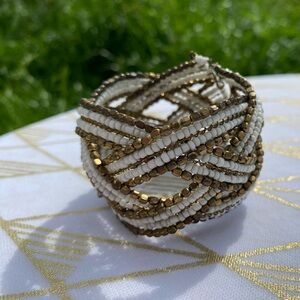 Eternity Geometric Bead Cuff Bracelet / One Size Fits All / Gold White Weave